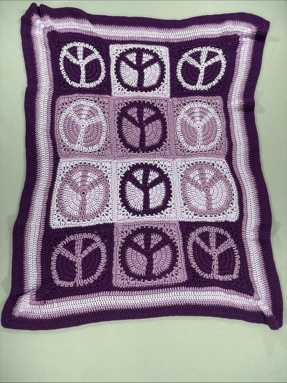 Handmade Purple Crochet Throw Blanket - Purple Colorblock peace boho 37 x 48”